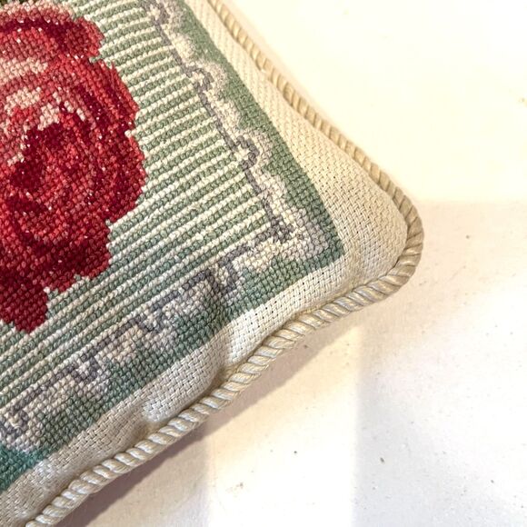 Handmade Petite Point X-Stitch Pillow Roses Pink Green Square Elizabeth Bradley - Picture 4 of 6